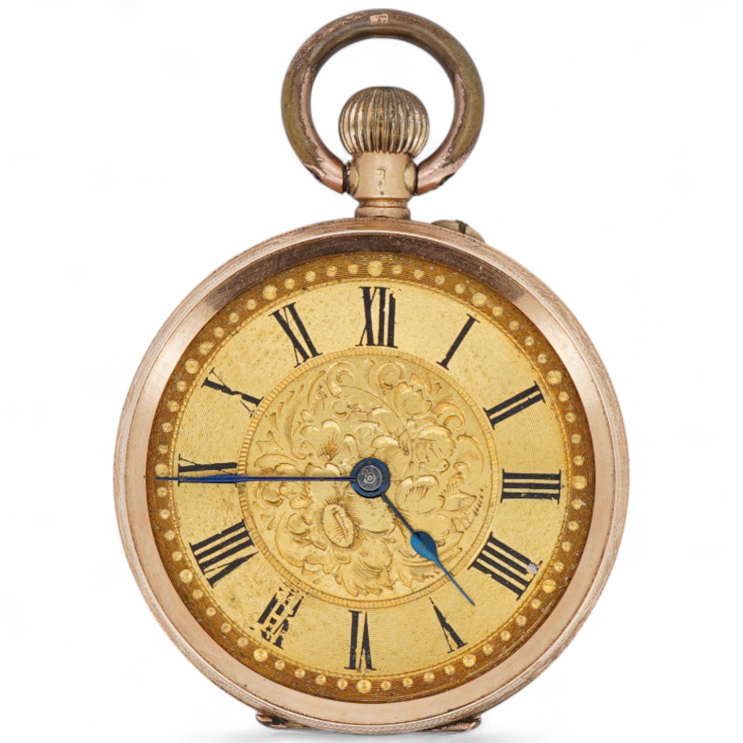 A lady's late 19th century Swiss engraved 14k keyless open faced fob watch, lacking glass, case diameter 32mm, with gilt metal inner cuvette, gross weight 27.6 grams.